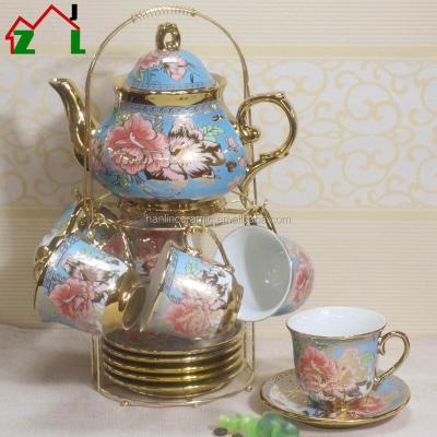 China 13 PCs Viable Exquisite Shiny Restaurant Afternoon Tea Coffee Mug Teapot Blue Gold Ceramic Set for sale