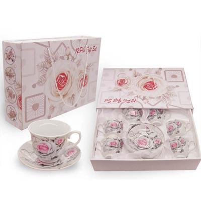 China Fancy Sustainable 220ml Rose White Flower Mug Ceramic Coffee Mugs With Saucer Set for sale