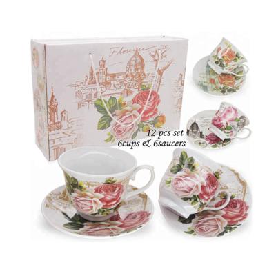 China Sustainable Fine European Porcelain Coffee Cups Set Bone China Tea Cup With Saucer Sets for sale