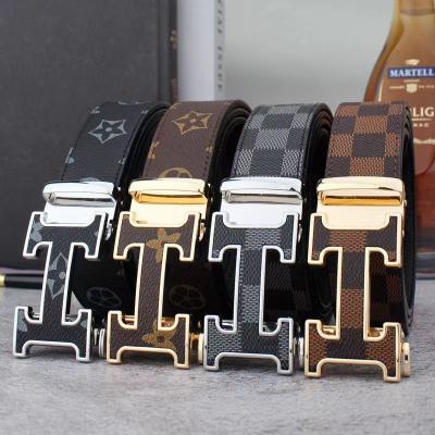 China High Quallity Custom brand printed logo luxury leather men's belt, black stainless steel automatic buckle for sale