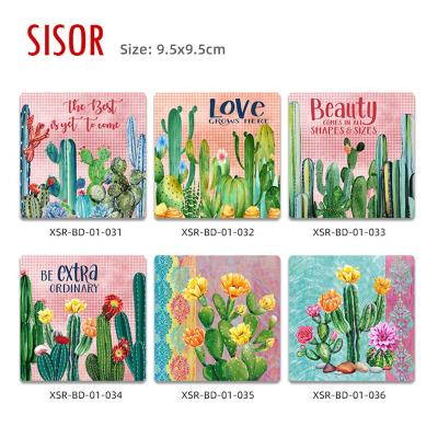 China Sustainable er Custom Cup Tiles CoasWholesale Cheap Cactus Design Square Ceramic Coastters With Cork Backed Home Table Mug Mats&Pads for sale