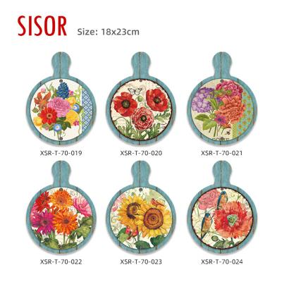 China Sustainable Wholesale Cheap Custom Sublimation Ceramic Trivet with Handle  Antique Flower Tile Cork Base Kitchen Tableware Ceramic Placemat for sale