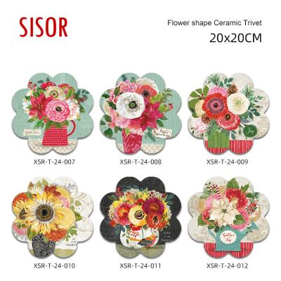 China Sustainable Wholesale Custom Flower Shape Ceramic Trivet Sublimation Ceramic placemat With Cork Back ECO Friendly Kitchen Hot Pad for sale