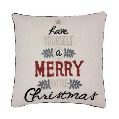 China Verbiage Simple Decorative Plaid Embroidery Merry Christmas Seasonal Cushion Pillow Canvas Cover for sale