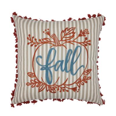 China Simple Wholesale Fall Embroidery Orange Stripe Pumpkin With Tassel Seasonal Square Cushion Pillow Cover For Harvest for sale