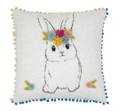 China Wholesale Textured Decorative Faux Rabbit Fur Applique 3D Bunny Flower With Pompom Cushion Pillow Cover For Easter for sale