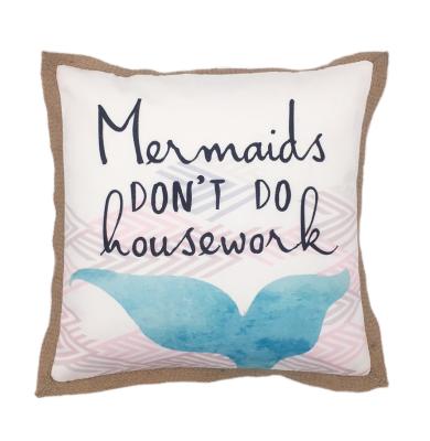 China Anti-UV Indoor Outdoor Beach Print Coastal Mermaid with Jute Trim Cushion Pillow Cover for sale