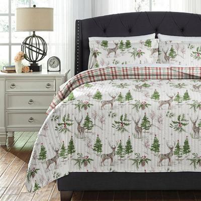 China New Wholesale Home Holiday Christmas Tree Embroidered Green White Reindeer Quilting TWIN QUEEN KING Bedspread Comforter Bedding Set 3 Pcs for sale