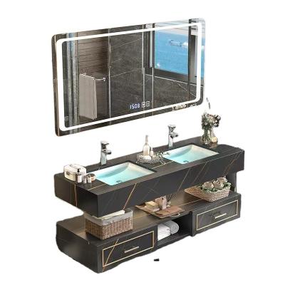 China 2022 New Design Modern Rock Stone Style Hotel Double Basin LED Mirror Bathroom Cabinet Single Basin for sale