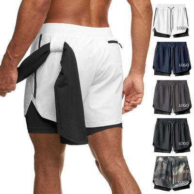 China QUICK DRY Sport Wear Workout Compression Jogger Fitness Wear Shorts Zipper Pocket  2 In 1 Training Running Gym Shorts For Men for sale