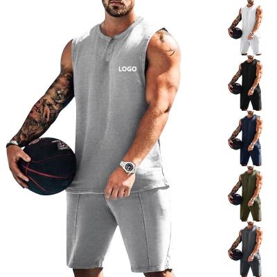 China Breathable Men Tracksuit Sublimation Summer Two Piece Matching Oversized High Quality Cotton Button Up Tank Top And Sweat Shorts Set for sale