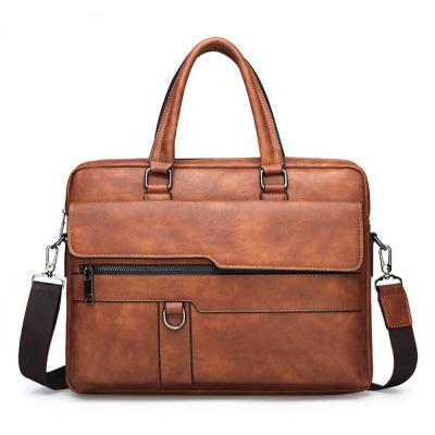 China 2020New Retro Business Laptop Briefcase Tote Shoulder Bag Wide Casual Large Capacity Briefcase Solid Color Faux Leather Bag for sale