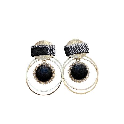 China FASHIONABLE 925 silver needle fashion alloy Micro-inlaid fabric circle gold leather women double layer ladies round earrings for sale