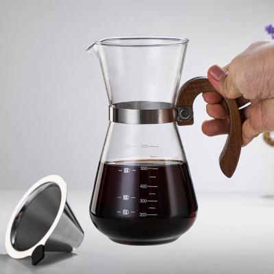 China Viable Hot Sale Carafe Drip Coffee Pot 600ml Glass Coffee Pot With Wooden Handle Can Be Used With Filters for sale