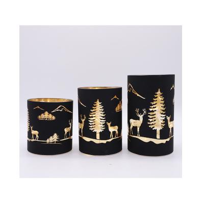 China All Regions Imanel Gold and Black Glass Deer and Pine Christmas Trees Winter Design Cylinder Lights for sale