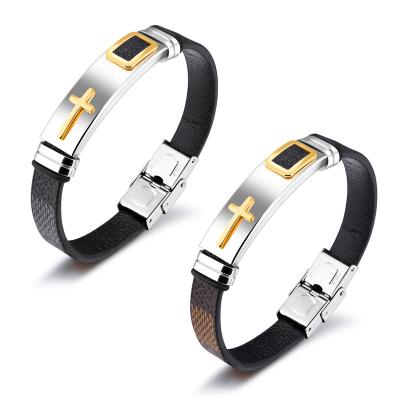 China 2022 New Arrival 316L Stainless Steel Brown PU Leather Bracelets Black Available Logo Available for Men and Women Retro Cross Charm Bracelets for sale