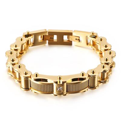 China Hiphop XISHUO 316L Stainless Steel Rock Personality Diamond Locomotive Link 18K Gold Plating Chain Bracelet With Zircon for sale