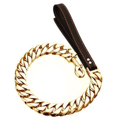 China Amazon Viable Hot Selling 18k Gold Plated 32mm Stainless Steel Cuban Chain Dog Leash Gold Large Dog Leather Leash For Dog Collar for sale