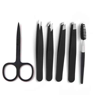 China Eyebrow Trimming Scissor Tweezers Makeup Tool Kit Black Stainless Steel Eyebrow Trimming Tool RA-46 6 Piece Set for sale