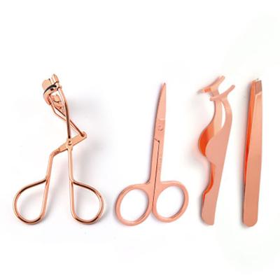 China Premium Rose Gold Eyelash Tweezers False Eyelash Extension Curler Personal Care Roller and Deburring Tool 4 Kits for sale