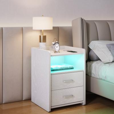 China LED Lights AC and USB Power Outlets New Product Bedroom Furniture Nightstand with Charging Station LED Light Storage Drawers and Shelves for Bedroom for sale