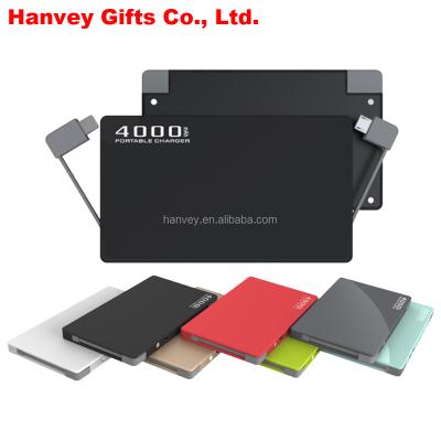 China Built in Cable High Quality Custom HV-PB103 Ultra Thin Mobile Credit Card Charger Power Bank 4000mAh with Built in Cable for sale