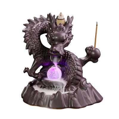 China Chinese Incense Lights 7-Color LED Changing Censer Dragon Backflow Incense Burner Creative Smoke Waterfall Incense Holder Ceramic Censer for sale