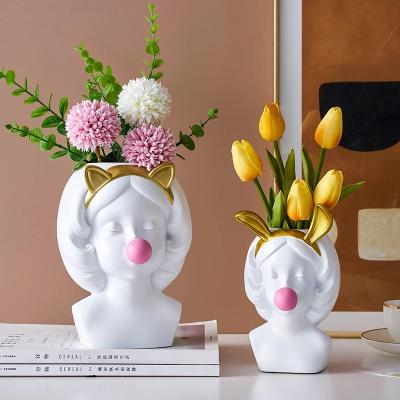 China 2021 Cute Resin Bubble Resin Kawaii Vase Decor 2021 Cute Human Head Flower Vases Nordic Home Girl Art Decoration Flower Modern for sale