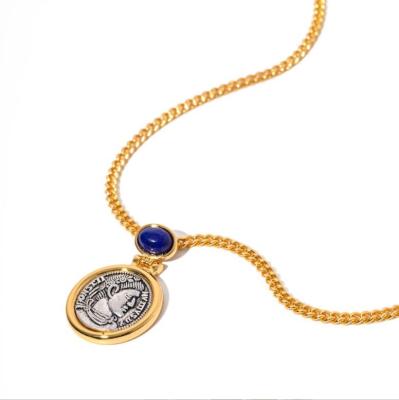 China TRENDY Wholesale Fashion Jewelry Vintage Gold Plated Brass Ancient Silver Oval Lapis Stone Round Greek Coin Signet Stud Earring Sets for sale