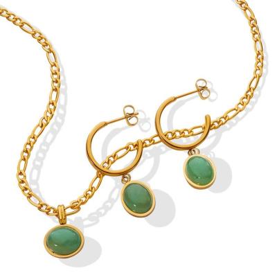 China TRENDY Retro Natual Stone Stainless Steel Jewelry Sets 14k Gold Figaro Chain PVD Plating CC Hoop Earrings Green Agate Pendant Necklace for sale