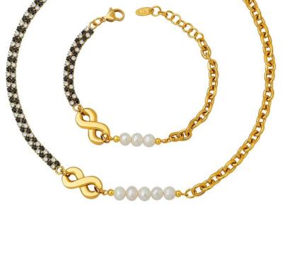 China TRENDY Waterproof 18K Gold Plated Stainless Steel Necklace Jewelry Splicing Pearls Cubic Zirconia Choker Necklace Women for sale