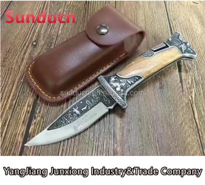 China Hunting Knife Colombia 7Cr13Mov Scultpture Stainless Steel Blade Blackwood Ebony Handle Folding Blade Tactics Knife With Leather Sheath for sale