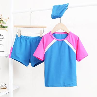 China Breathable Fashionable Design Rose Red Top With Blue Swim Shorts Split Swimsuit Set for sale