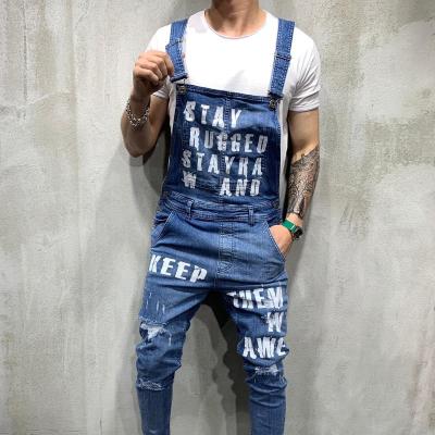 China 2021 Stretch Cotton Spandex Wholesale Waist Adjustable Straps Letter Print QUICK DRY Mid Ripped Overall Jeans Overalls Denim Men for sale