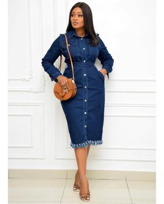 China Viable plus size skirt African women's wash denim breasted jeans wholesale lapel high waist simple long sleeve casual dress for sale