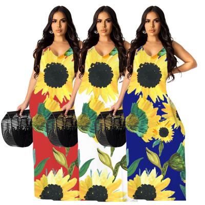 China Wholesale Hot Sale Sunflower Print Plus Size 5Extra Large Anti-Static Bohemian Dress Tying Boho Floor Length Women Casual Dress for sale