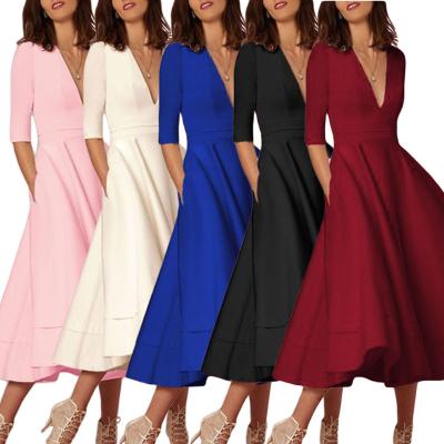 China Anti-Static Plus Size Lady Elegant Big Solid Color Swing Dresses Long Vestido Half Neck V Sheath Casual Wear Women for sale