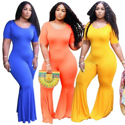 China Solid color viable fahion ladies casual flare pants set one piece extra large 5 piece short sleeve plus size overalls, playsuits women for sale