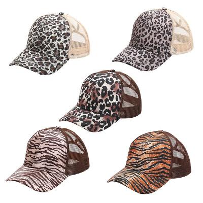 China 6-Panel Hat RTS Leopard Zebra Tiger Print Elastic Band Mesh Cover Up Men Women Ponytail Hat Trucker Breathable Adjustable Baseball Caps for sale