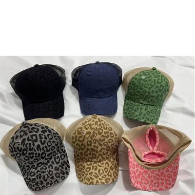 China Leopard Automotive Baseball Hat For Women Ladies Messy Ponytail Buns Trucker Ponycaps for sale