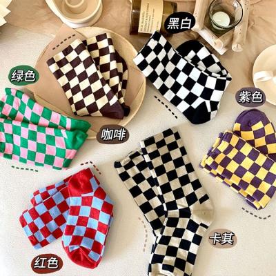 China QUICK DRY Winter and Autumn Ins Style Checkerboard Socks female tube sport mid thongs printed plaid for girls for sale