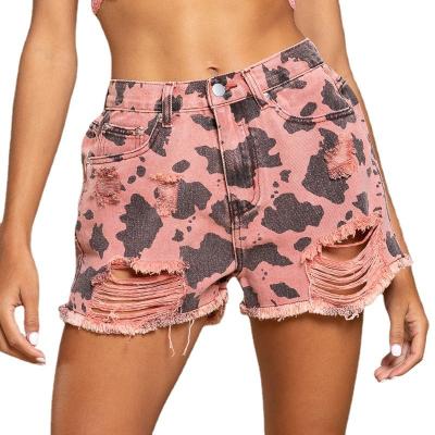 China Anti-wrinkle fashion summer hole distressed jeans ladies denim shorts leopard print jeans shorts for sale