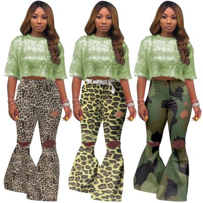 China Fashion Breathable Denim Pants Women High Waist Knee Hole Camouflage Stacked Flared Jean Pants for sale