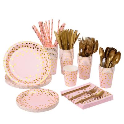 China Party 200PCS Golden Dot Disposable Party Dinnerware Sets Includes Paper Plates Napkins Knives Forks Cups for Bridal Shower Wedding for sale