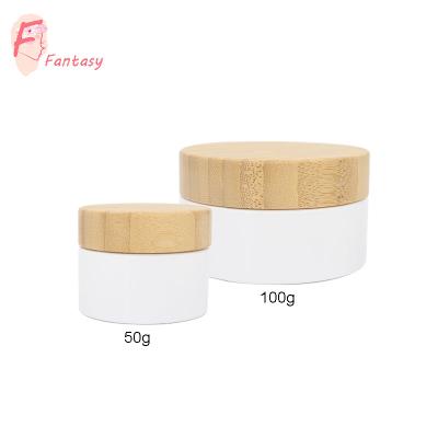 China Skin Care Cream 13 Years Manufacturer 30ml 50ml 100ml Face Cream Container Biodegradable White Bamboo Frosted Glass Caps Cream Jars for sale