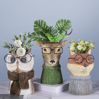 China Garden Modern Animal Home Decoration Vase Flowerpot Resin Owl Deer Table Top Soft Crafts Garden Animal Home Decor for sale