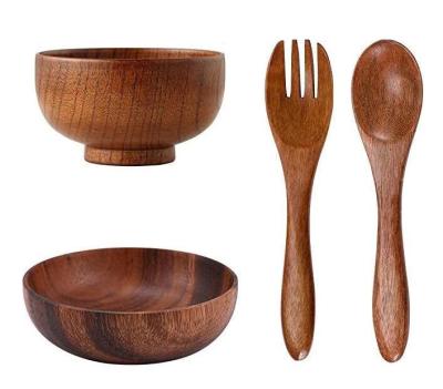 China Viable Whole Wooden Deep Wooden Bowl Fruit Salad Dish Spoon Fork Set Dish Wooden Tableware for sale