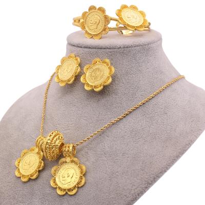 China TRENDY Ethiopian 24K Gold Plated Jewelry Sets Large Coin Necklace Earring Ring Dubai Pendant Gifts For African Women Wedding Bridal Set for sale