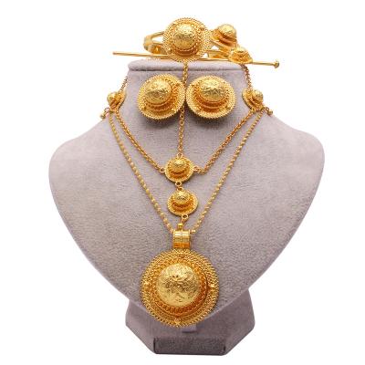 China New FASHIONABLE Ethiopian 24K Gold Plated Bridal Jewelry Sets Hairpin Necklace Earrings Bracelet Ring Gifts Wedding Jewelry Set For Women for sale