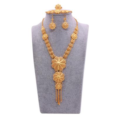 China TRENDY Hawaiian Dubai 24K Gold Plated Jewelry Sets Necklace Earrings Bracelet Rings Bridal Gifts Wedding Jewelry Set For Women for sale